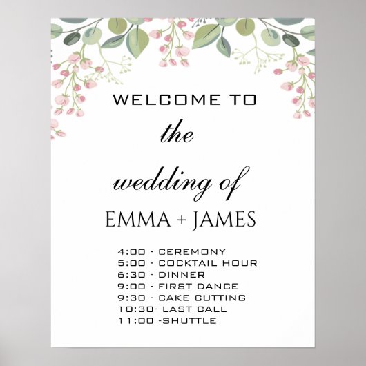 Floral Greenery Wedding Order of Events Poster (Voorkant)