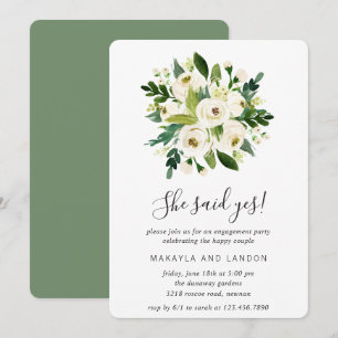 Floral Greenery White Roses Engagement Party Kaart