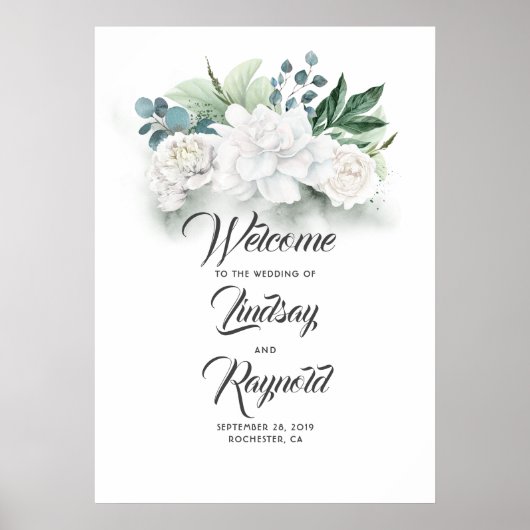 Floral Greenery White Wedding Welcome Sign Poster (Voorkant)