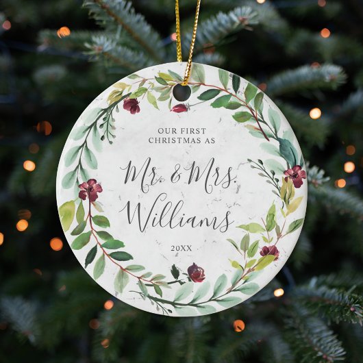 Floral Greenery Wreath Marble Ons eerste kerstfees Keramisch Ornament