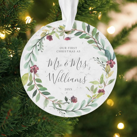 Floral Greenery Wreath Marble Ons eerste kerstfees Ornament