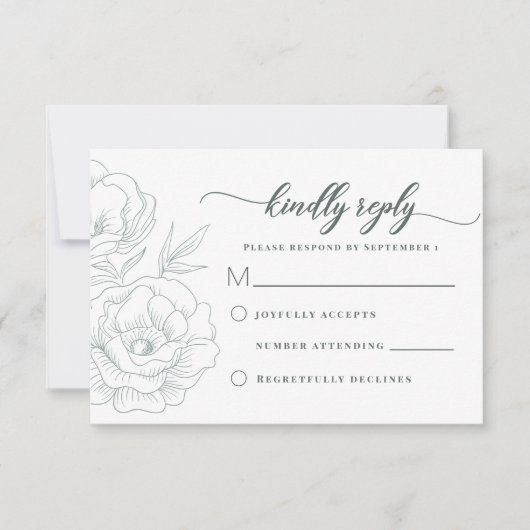  Floral Grey Modern Wedding RSVP Kaartje (Voorkant)