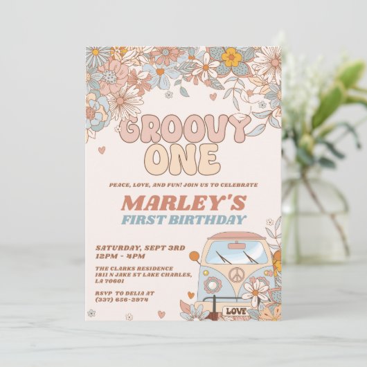 Floral Groovy One Retro 1e verjaardag Kaart (Staand voorkant)