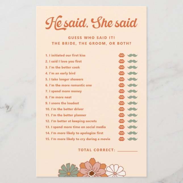 Floral Groovy Retro Hij zei dat ze zei bruids spel (Voorkant)