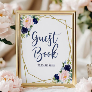 Floral Guest Book Sign van Navy Blue Gold Waterver Poster