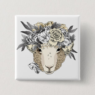 Floral Halo Sheep Vierkante Button 5,1 Cm