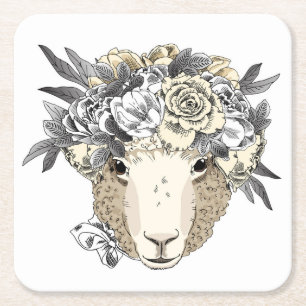 Floral Halo Sheep Vierkante Kartonnen Onderzetter