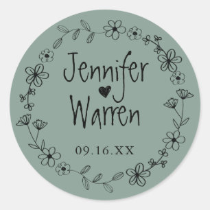 Floral Hand Drawn Wreatalized Green Ronde Sticker