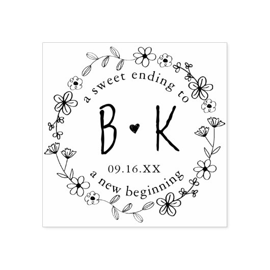 Floral Hand Drawn Wreath Monogram Date Weddenschap Rubberstempel (Afrduk)