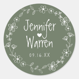 Floral Hand Drawn Wreath Wedding Green Ronde Sticker