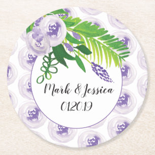 Floral Hand Waterverf Greenery Paars Wedding Ronde Kartonnen Onderzetter