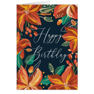 Floral Happy jarig. Rode marinesbloemen. Vrienden