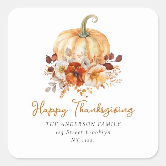 Floral Happy Thanksgiving Vierkante Sticker (Voorkant)