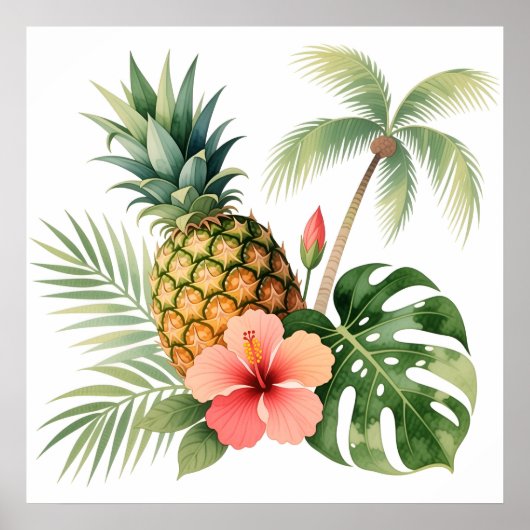 Floral Hawaii Pineapple & Hibiscus Summer Name Poster (Voorkant)
