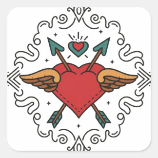 Floral Heart Cupido Tattoo Vierkante Sticker