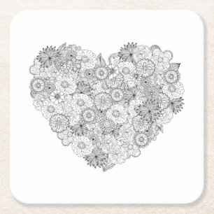 Floral Heart Doodle Vierkante Kartonnen Onderzetter