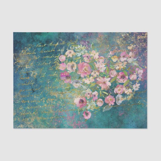 Floral Heart Gold Romantic Handwriting Decoupage Tissuepapier (Voorkant)