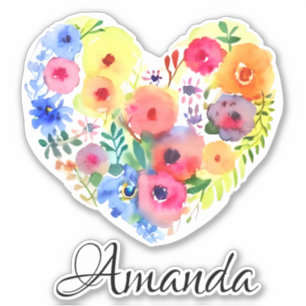 Floral Heart Krans en Naam Pastel Waterverf Sticker