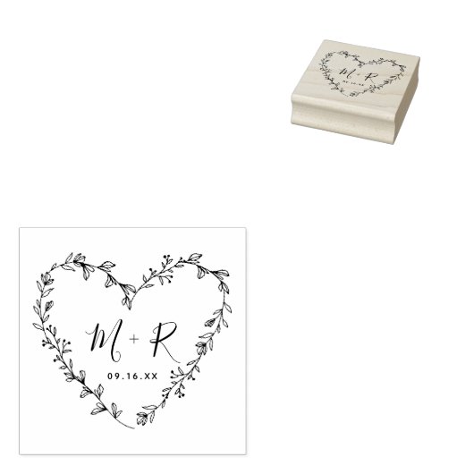 Floral Heart met Initialen voor kalligrafie Rubberstempel (Gestempeld)