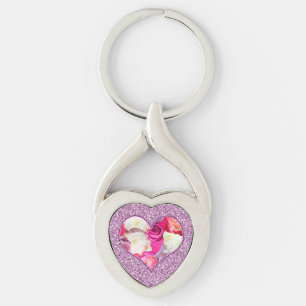 Floral Heart Pink & Lavender Faux Glitter Sleutelhanger