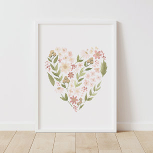 Floral Heart Pink Neutral Girl Nursery Decor Poster