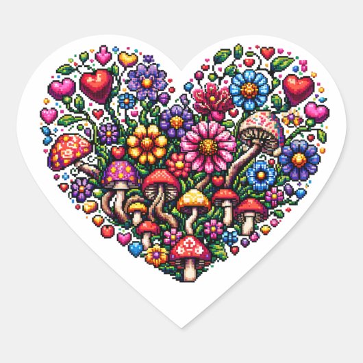 Floral Heart Pixel Art Hart Sticker (Voorkant)