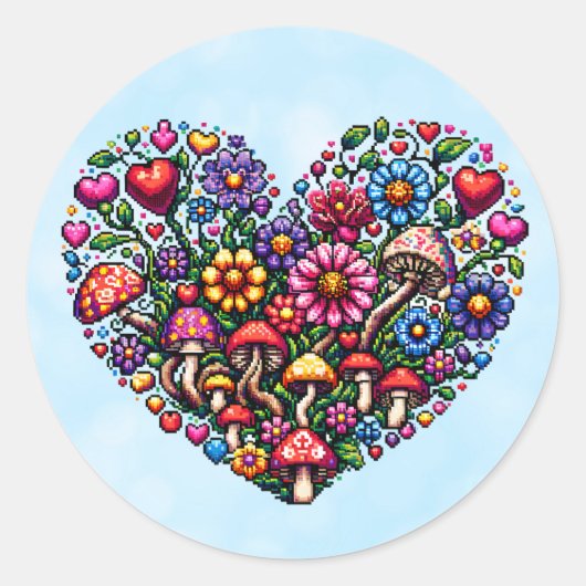 Floral Heart Pixel Art Ronde Sticker (Voorkant)