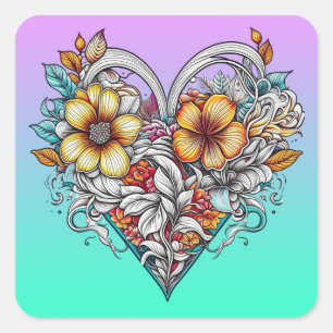 Floral Heart Romantisch Vierkante Sticker