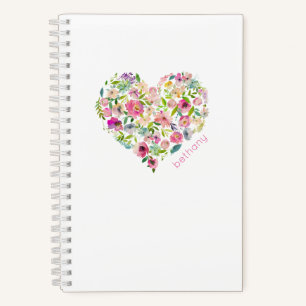 Floral Heart Waterverf Roze NAAM Lovely Sweet Notitieboek