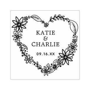Floral Heart Wreath Couples Names Rubberstempel