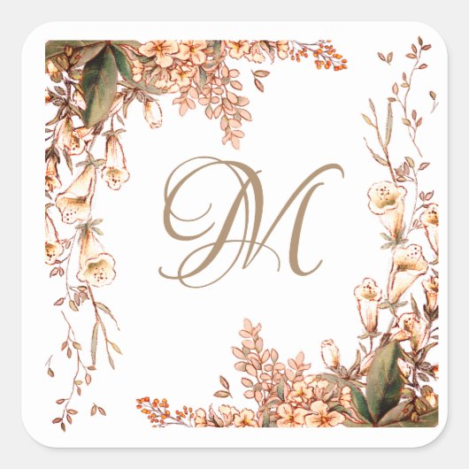 Floral Herfst Garland Script Monogram Elegant Vierkante Sticker (Voorkant)