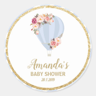 Floral Hete Luchtballon Baby shower Blauw Dank u Ronde Sticker