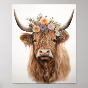 Floral Highland Koe Poster