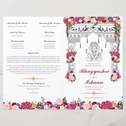 Floral Hindu Mariage Ceremony Programme plié (Devant)
