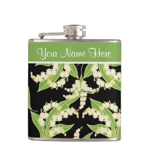 Floral Hip Flask: Lily of the Valley, Black Heupfles