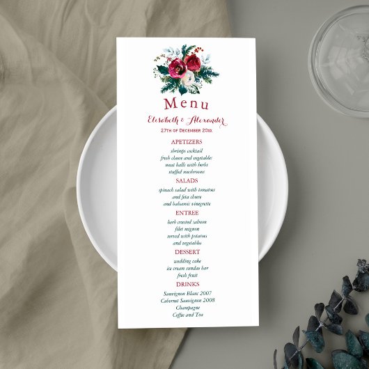 Floral hiver aquarelle pivoines menu mariage