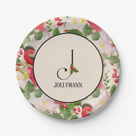 Floral Holiday Pattern Monogram Initiaal J Papieren Bordje (Voorkant)