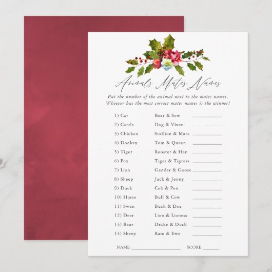 Floral Holly Vrijgezellenfeest Game Kaart (Voorkant / Achterkant)