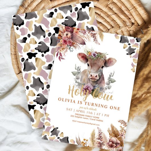 Floral Holy Cow First Birthday Girl Invitation