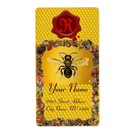 FLORAL HONEY BEE, BEEKEEPER, RED WAX SEAL MONOGRAM ETIKET (Voorkant)