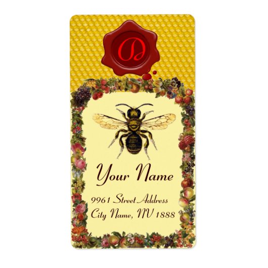 FLORAL HONEY BEE, BEEKEEPER, RED WAX SEAL MONOGRAM ETIKET (Voorkant)