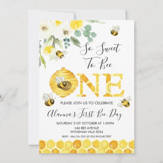 Floral Honey Bee First Bee Day Birthday Invitation Kaart (Voorkant)