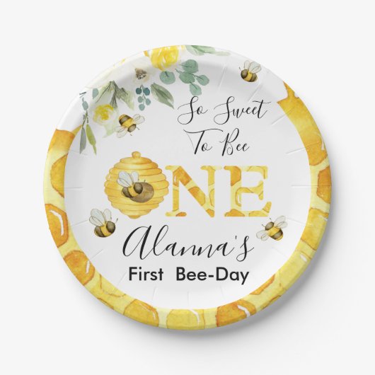 Floral Honey Bee First Bee Day Birthday Papieren Bordje (Voorkant)