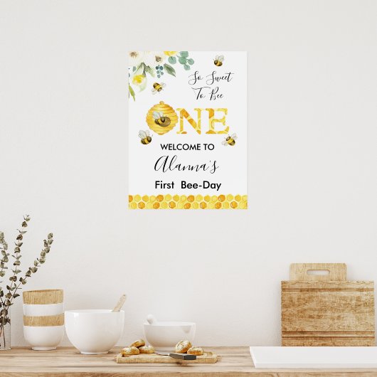 Floral Honey Bee First Bee Day Birthday Welcome Poster (Keuken)