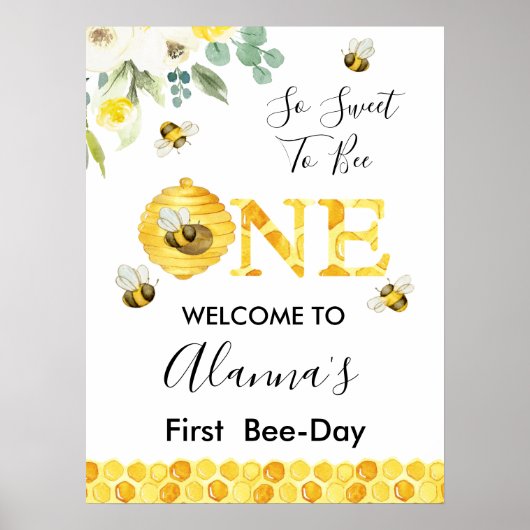 Floral Honey Bee First Bee Day Birthday Welcome Poster (Voorkant)