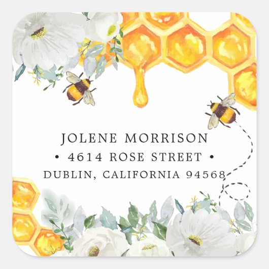 Floral Honeycomb | Terugkeeradreslabel voor hommel Vierkante Sticker (Voorkant)