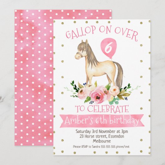 Floral Horse Anniversaire Fête Invitation (Devant / Derrière)