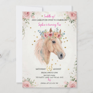 Floral Horse Kids Birthday Invite Template Kaart