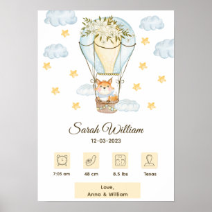 Floral Hot Air Ballon Baby Fox Birth Stats Poster
