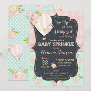 Floral Hot Air Ballon Baby shower Invitation Girl Kaart